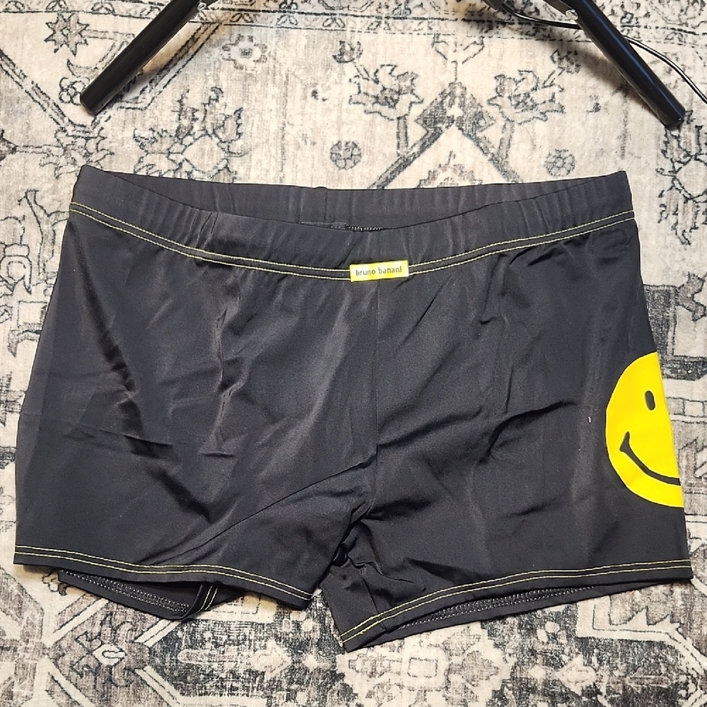Men's Black Swim Shorts with Yellow Smiley Face Made By German Bruno Banani